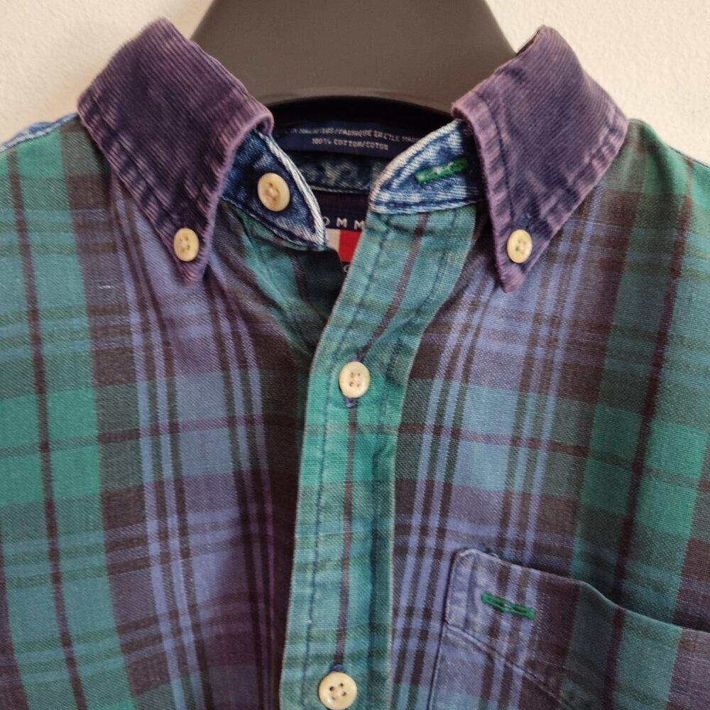 Boys SZ M Vintage Tommy Hilfiger Green/Multi Mixed Media Denim Shirt - Picture 2 of 6